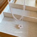 Layered White Pearl Necklace with Round Floral Pendant view 2