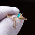 Gold Tone Green Leaf Open Ring With Chain Tassels With Polished Clear Stone Detail view 2
