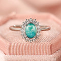 White Gold Teal Oval Halo Ring Clear Pavé Border Sizes 6-10 view 5