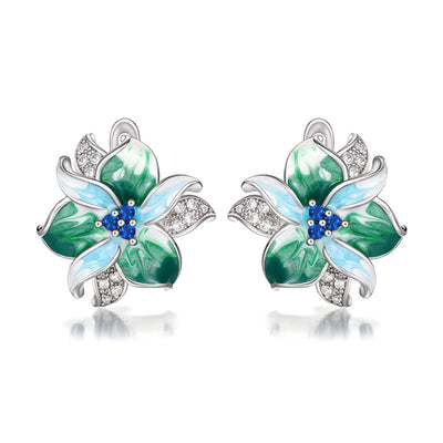 Green and Clear Crystal Flower Cluster Stud Earrings - front product view