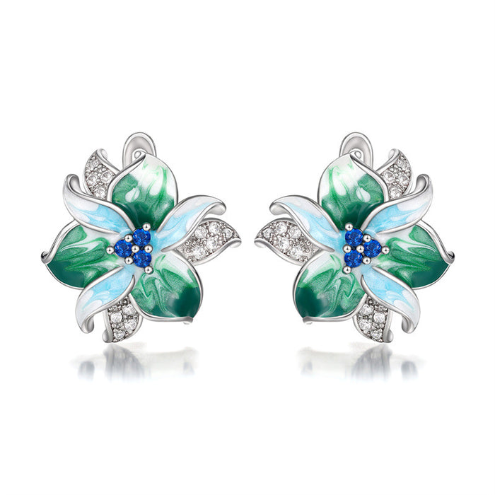 Green and Clear Crystal Flower Cluster Stud Earrings