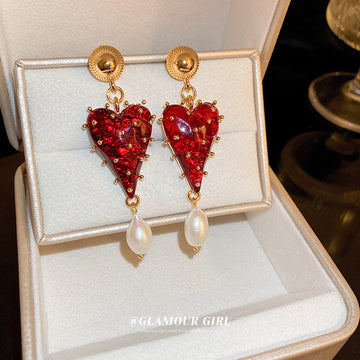 Red Crystal Heart Pearl Drop Earrings For Women Jewelry