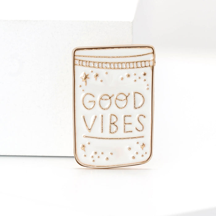 Good Vibes Can Enamel Brooch in Cream and Gold Tone