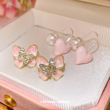 Pink Butterfly Studs and Heart Pearl Drop Earrings