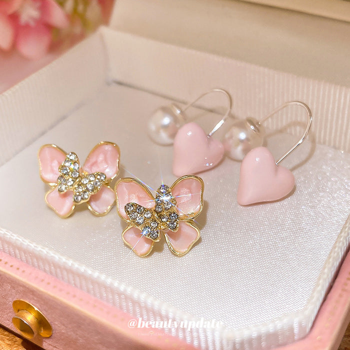 Pink Butterfly Studs and Heart Pearl Drop Earrings