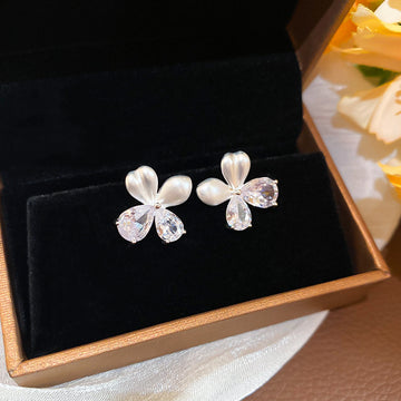 Blue and White Asymmetrical Floral Crystal Stud Earrings