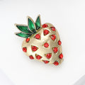 Gold Tone Strawberry Brooch with Red Stones and Green Leaves view 3