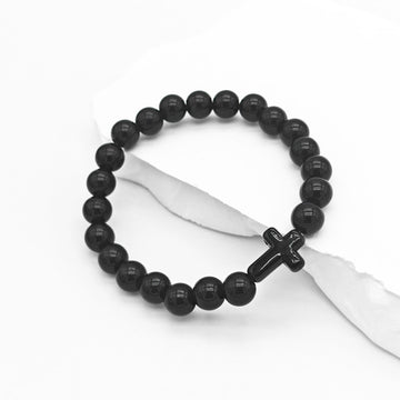 Black Bead Stretch Bracelet Black Cross Accent Beads