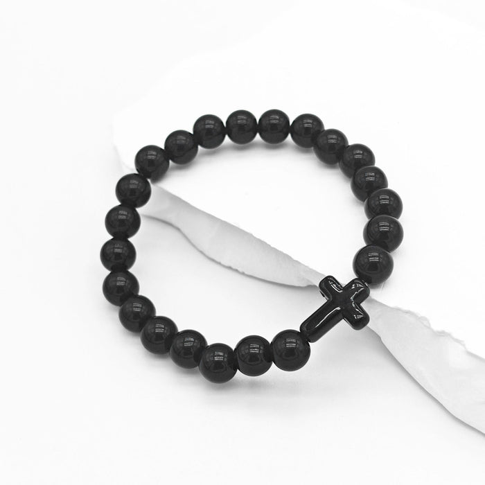 Black Bead Stretch Bracelet Black Cross Accent Beads
