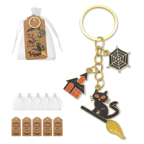 Black cat broom keychain with organza bags and kraft thank-you tags
