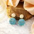 Gold Disc Stud Wrapped Ball Drop Earrings Rhinestone Bands view 3
