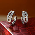 Silver Tone Heart Cutout Hoop Earrings with Clear Stones view 2