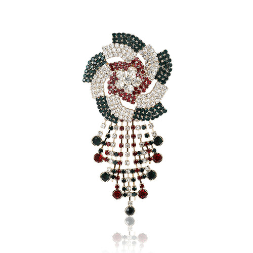Gold multicolor rhinestone flower tassel brooch front on white