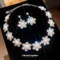 Silver Rhinestone Pearl Flower Necklace Earring Sets Two Styles view 1