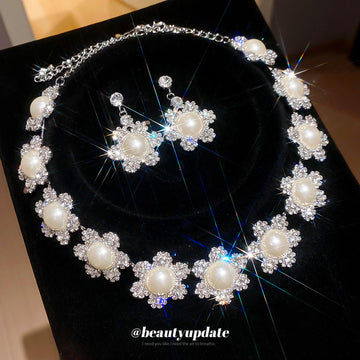 Silver Rhinestone Pearl Flower Necklace Earring Sets Two Styles