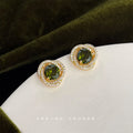 Olive Green Round Crystal Halo Stud Earrings Gold Tone view 1