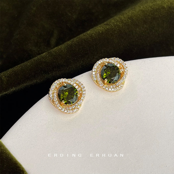 Olive Green Round Crystal Halo Stud Earrings Gold Tone