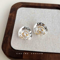 Silver Irregular Concave Stud Gold Fleck Pearl Center Pair view 4
