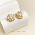 Gold Textured Rose Pearl Center Pave Stud Earrings Pair view 4