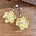 Yellow Fabric Flower Drop Earrings with Pearl Studs view 2