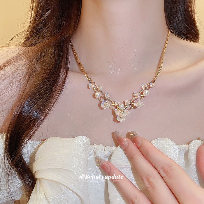 Gold Multi Strand Resin Flower Pearl Branch Choker Necklace