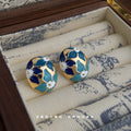 Gold Edged Blue Teal And White Floral Oval Dome Stud Earrings view 3