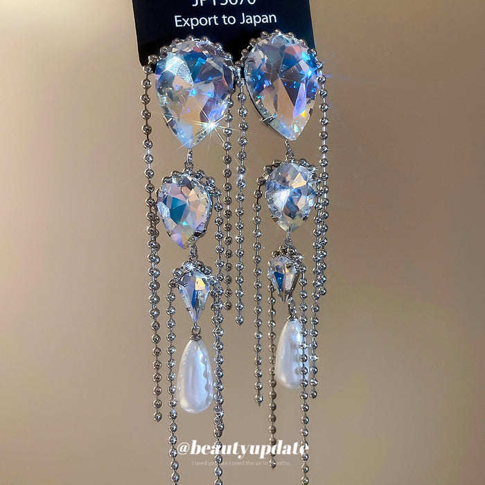 Iridescent Crystal Teardrop Pearl and Chain Tassel Earrings