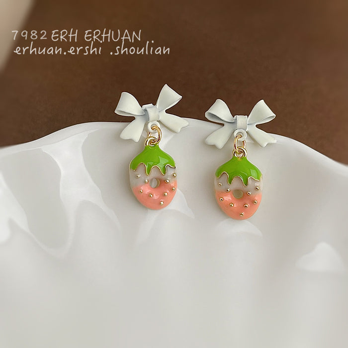 White Bow Strawberry Enamel Drop Earrings Gold Seed Accents