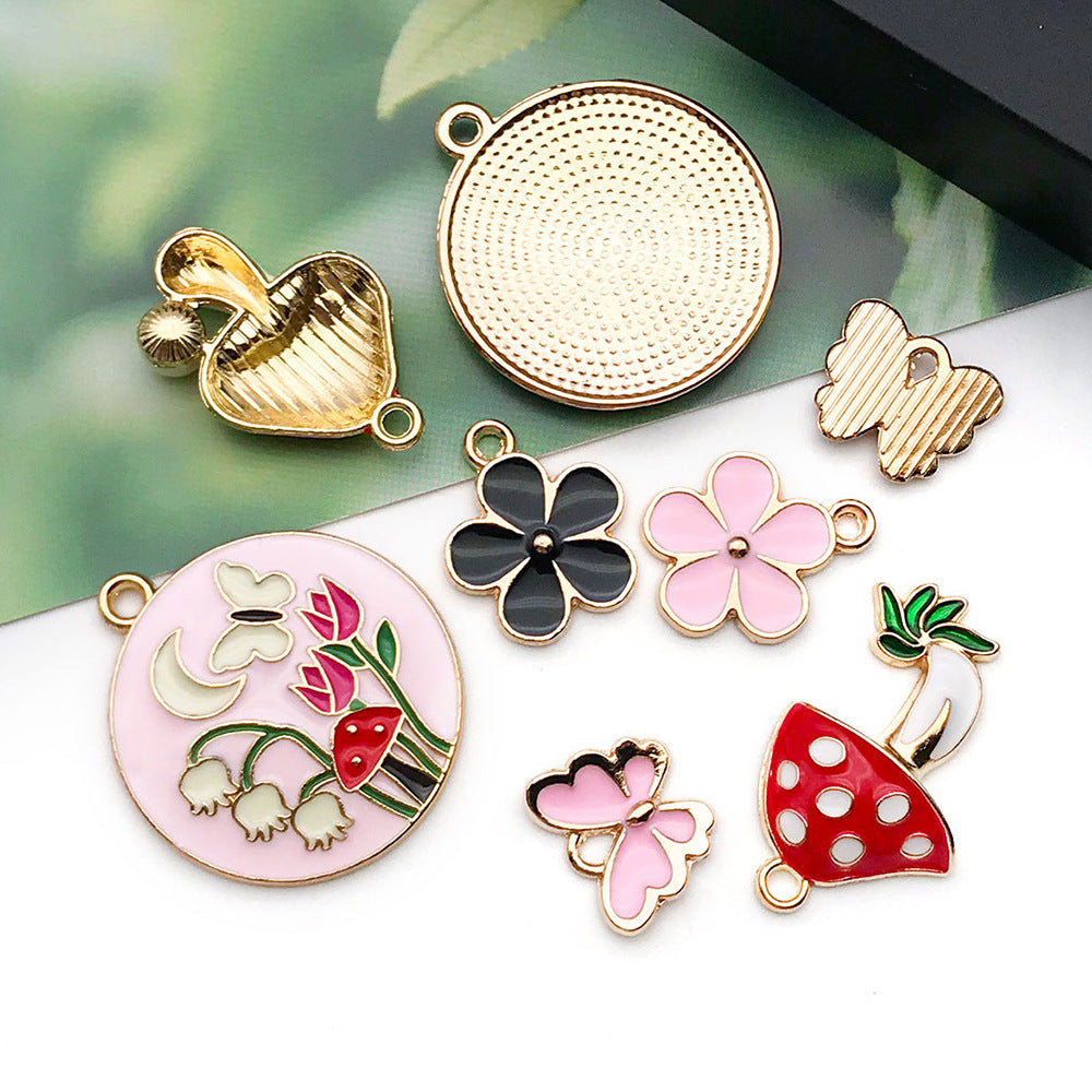 Enamel Zinc Alloy Red Pearl Mushroom Flower Butterfly Charm Pendant for DIY Earring Keychain