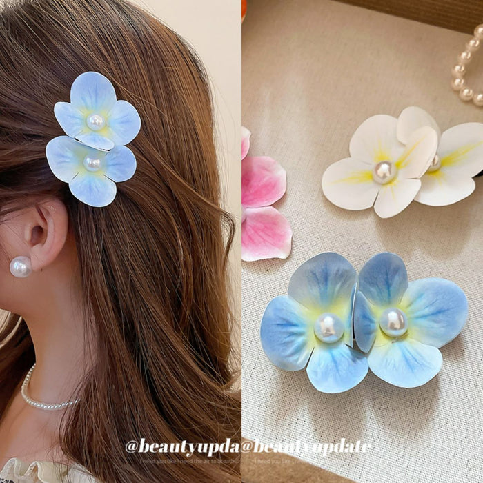 Pink White Ombre Flower Pearl Duckbill Hair Side Clip
