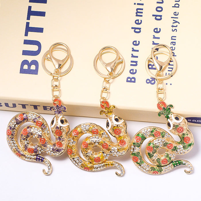 Rhinestone Coin Motif Snake Metal Keychain Gold Tone