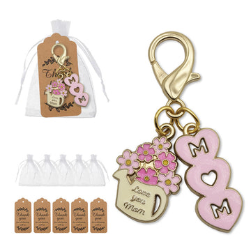 Pink Mom Enamel Flower Pitcher Keychain Gold Lobster Clasp