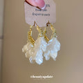 White Petal Cluster Drop Hoop Earrings with Pearls view 2