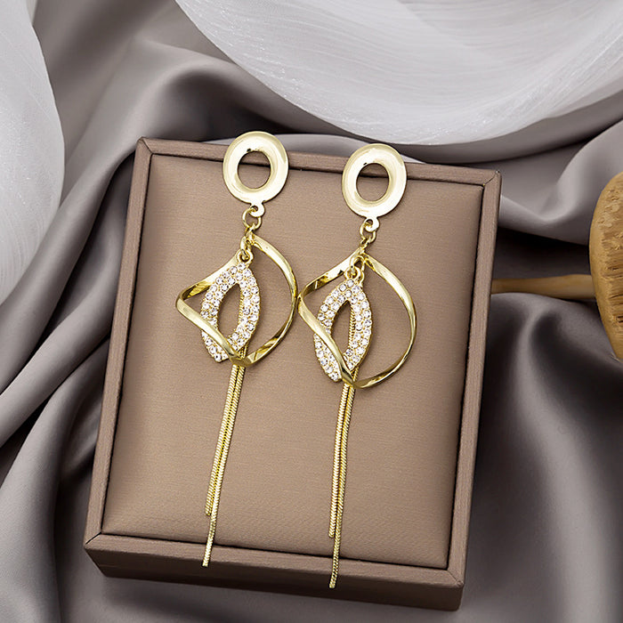 Gold Leaf Loop and Long Bar Statement Drop Earrings