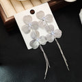Silver Double Flower Extra Long Chain Tassel Earrings view 2