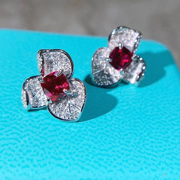 Red Square Stone Three-Petal Flower Stud Earrings In Silver Tone