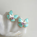 Mint Green Enamel Butterfly Stud Earrings With Pearl Accents view 3