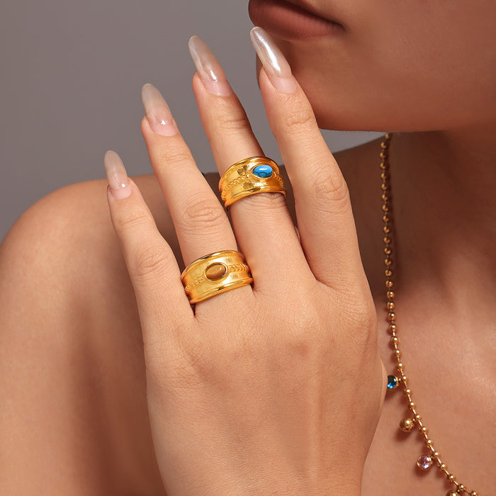 Wide Rope Band Ring Oval Turquoise Tiger Eye Steel