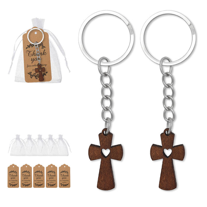 Dark Brown Wooden Cross Keychain Heart Cutout Split Ring