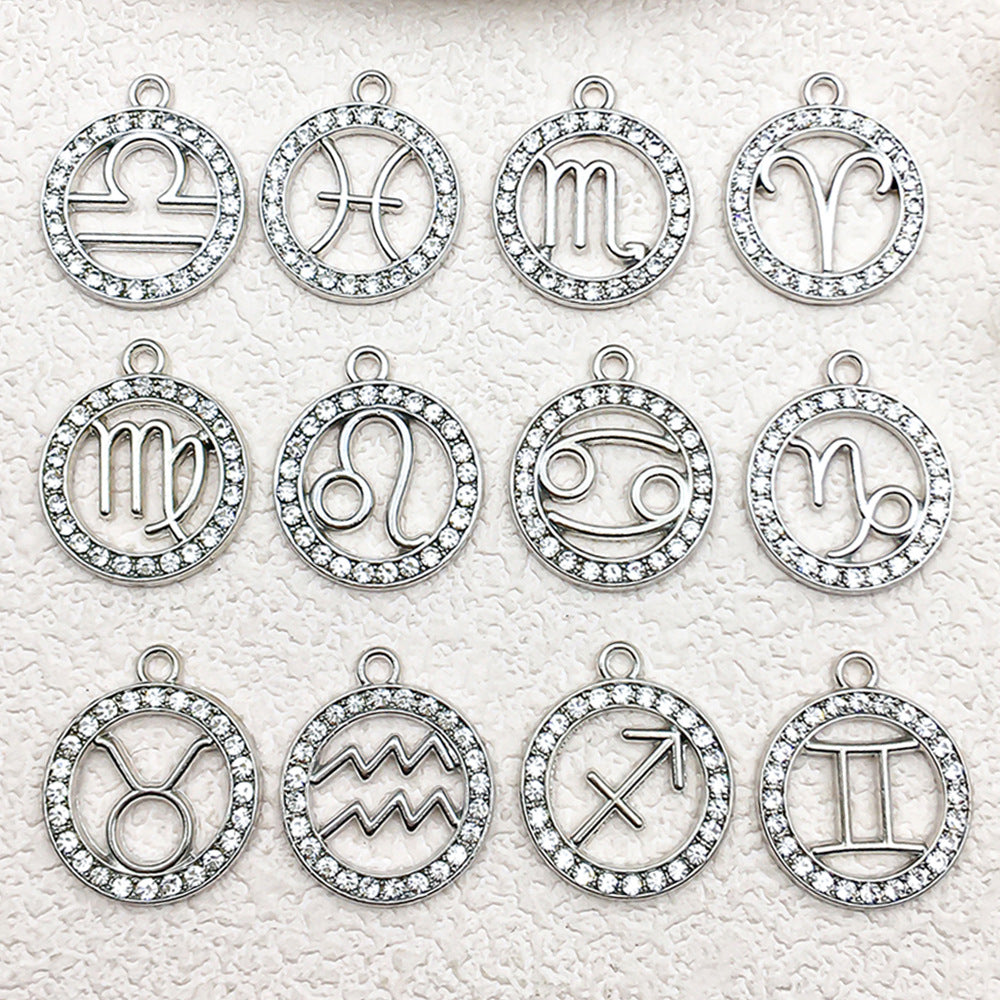 Rhinestone Zinc Alloy Zodiac Round Tag charm pendants for DIY keychains bracelets necklaces