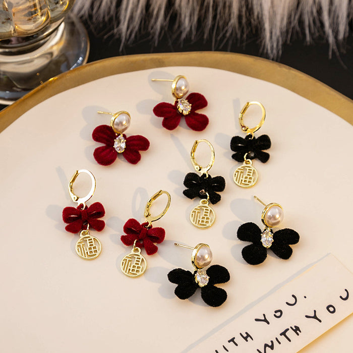 Black Velvet Bow Gold Fu Charm Huggie Hoop Earrings