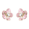 Gold Edged Gradient Pink Flower And White Pearl Stud Earrings view 5