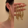 Gold Tone Wheat Leaf Tassel Earrings with Long Hook Drops view 1