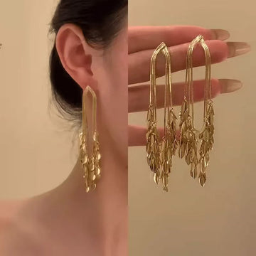 Gold Tone Wheat Leaf Tassel Earrings with Long Hook Drops