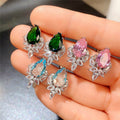 Pink Blue Green Teardrop Leaf Zirconia Stud Earrings view 4