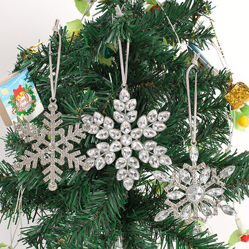 Silver Rhinestone Snowflake Hanging Ornament Set Three Styles