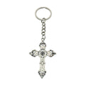 Silver Tone Ornate Cross Pendant Keychain With Split Ring And Chain view 5