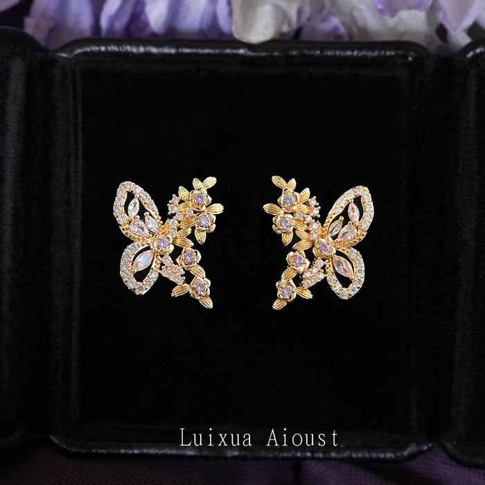 Gold Crystal Butterfly Flower Cluster Stud Earrings Pair
