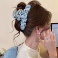 Blue Satin Heart Hair Claw With Black Polka Dots And Ruffles view 2