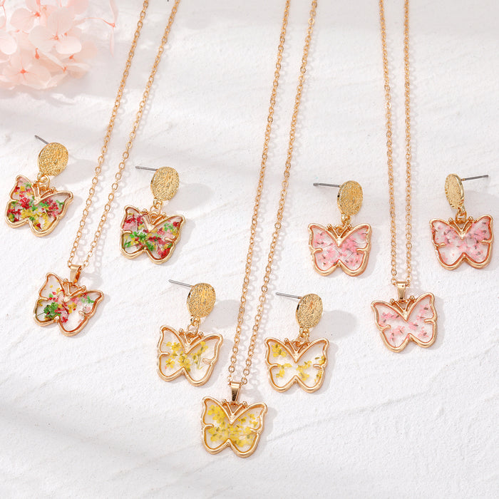 Gold Tone Butterfly Resin Pressed Flower Necklace Earring and Set Options